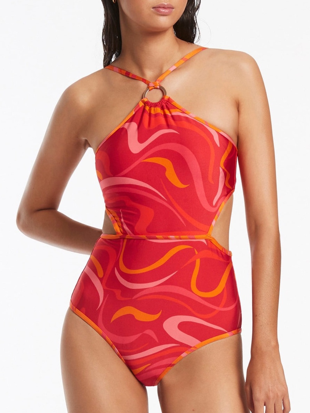 Jets Vortici High Neck Trim One Piece Cherry Red Swirl Halter Swimsuit